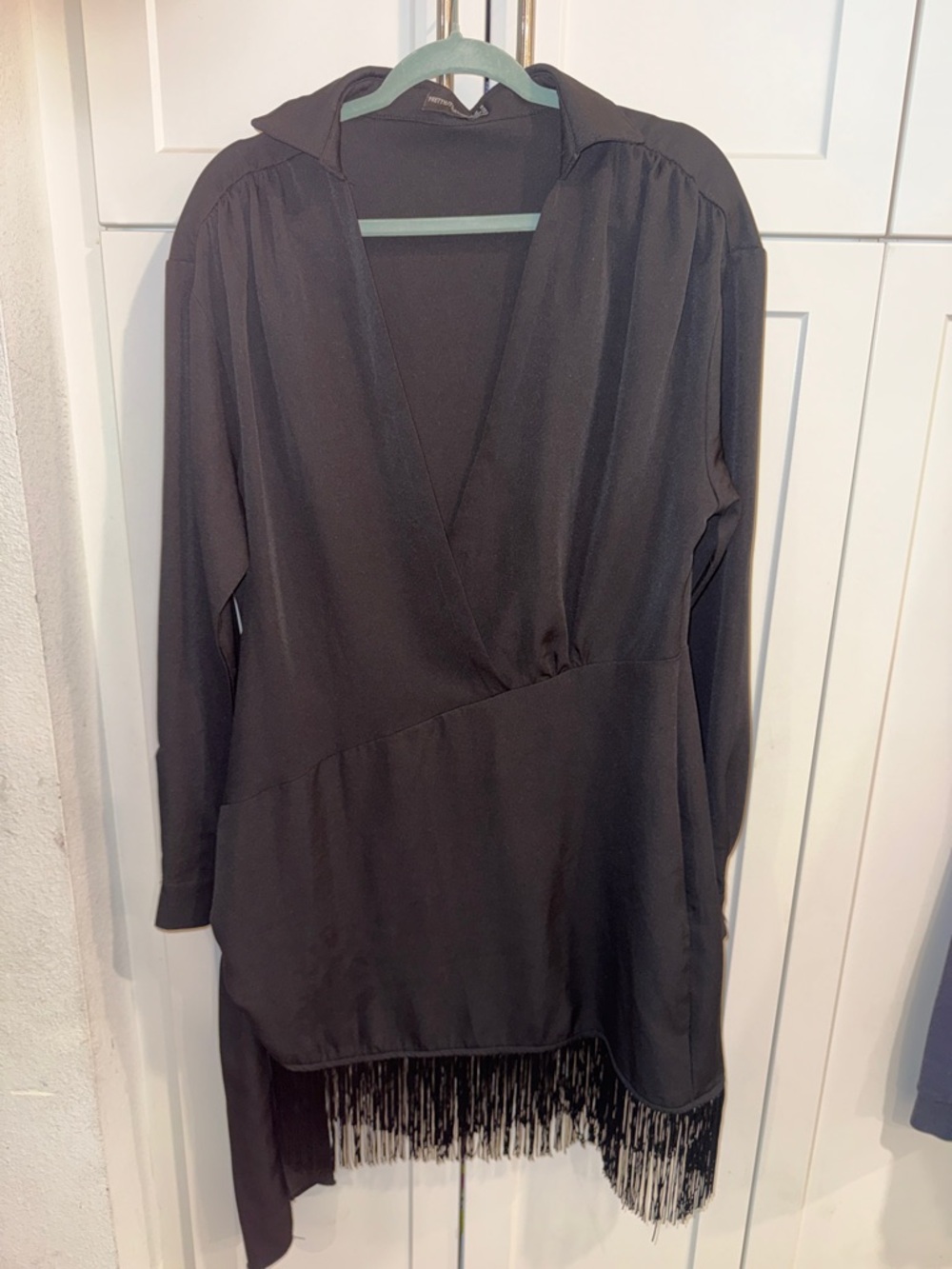 PrettyLittleThing Black Draped Tunic Top with Fringe Detail